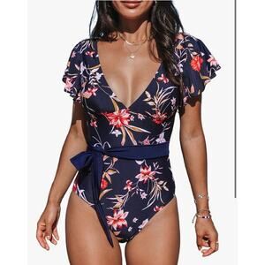 NWT CUPSHE Women V Neck Ruffle One Piece Swimsuit Floral Print Bathing Suit